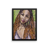 baserbillion art london Dread locked girl black green background running fingers through hair blue vest top